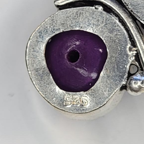 Sterling Silver Pendant with Red Carved Face, Green Gemstone, and Purple Rose - Picture 2 of 12